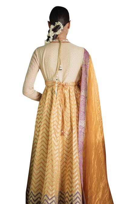 Shop Swatti Kapoor Orange Chanderi Embroidery, Gota Patti Jaafi Handwoven Printed Anarkali Set Online at Aza Fashions Shop_Swatti Kapoor_Orange Chanderi Embroidery, Gota Patti Jaafi Handwoven Printed Anarkali Set _Online_at_Aza_Fashions