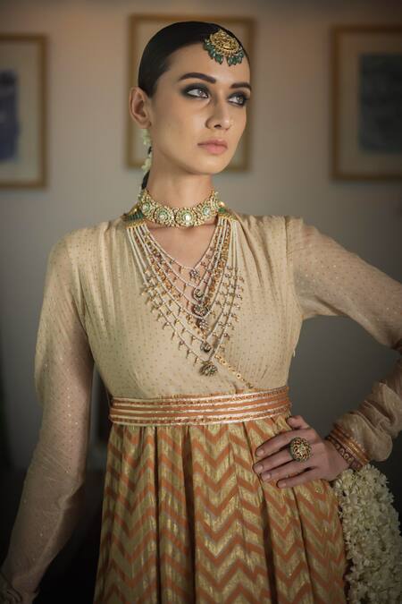 Swatti Kapoor Orange Chanderi Embroidery, Gota Patti Jaafi Handwoven Printed Anarkali Set at Aza Fashions Swatti Kapoor_Orange Chanderi Embroidery, Gota Patti Jaafi Handwoven Printed Anarkali Set _at_Aza_Fashions