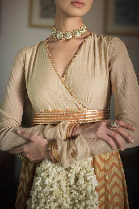 Buy Swatti Kapoor Orange Chanderi Embroidery, Gota Patti Jaafi Handwoven Printed Anarkali Set Buy_Swatti Kapoor_Orange Chanderi Embroidery, Gota Patti Jaafi Handwoven Printed Anarkali Set