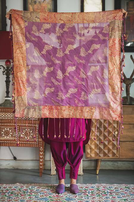 Swatti Kapoor Multi Color Gota Tassels Makali Handwoven Foil Print Scarf Online at Aza Fashions Swatti Kapoor_Multi Color Gota Tassels Makali Handwoven Foil Print Scarf _Online_at_Aza_Fashions