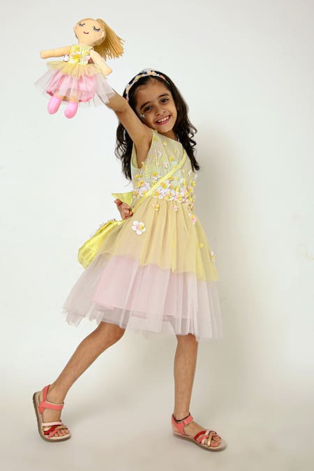 A Little Fable Yellow Polyester, Cotton Fabric Flowers Tuscan Fiore Detailed Dress Online at Aza Fashions A Little Fable_Yellow Polyester, Cotton Fabric Flowers Tuscan Fiore Detailed Dress _Online_at_Aza_Fashions