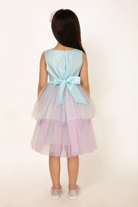 Shop_A Little Fable_Blue Polyester, Cotton Sequins Crystal Mermaid Pattern Dress _at_Aza_Fashions