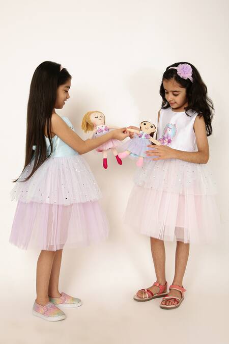 A Little Fable_Blue Polyester, Cotton Sequins Crystal Mermaid Pattern Dress _Online_at_Aza_Fashions