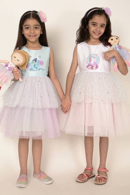 Buy_A Little Fable_Blue Polyester, Cotton Sequins Crystal Mermaid Pattern Dress _Online_at_Aza_Fashions