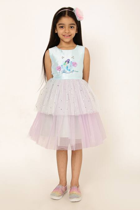 Shop_A Little Fable_Blue Polyester, Cotton Sequins Crystal Mermaid Pattern Dress _Online_at_Aza_Fashions