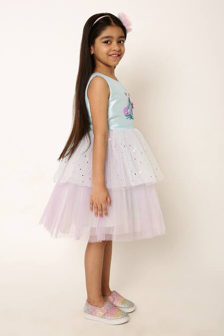 A Little Fable_Blue Polyester, Cotton Sequins Crystal Mermaid Pattern Dress _at_Aza_Fashions