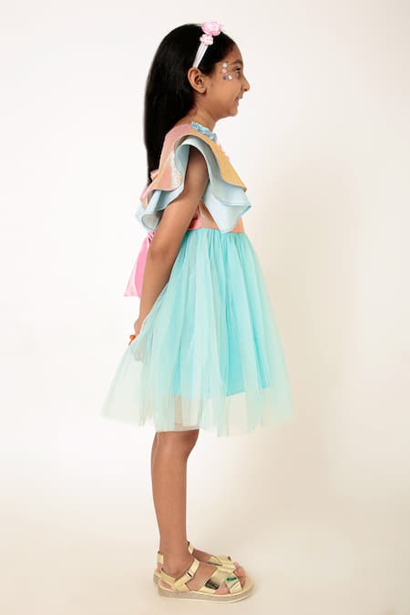 Shop A Little Fable Blue Net, Polyester Fabric Flowers 3d Embroidered Shoulder Dress at Aza Fashions Shop_A Little Fable_Blue Net, Polyester Fabric Flowers 3d Embroidered Shoulder Dress _at_Aza_Fashions