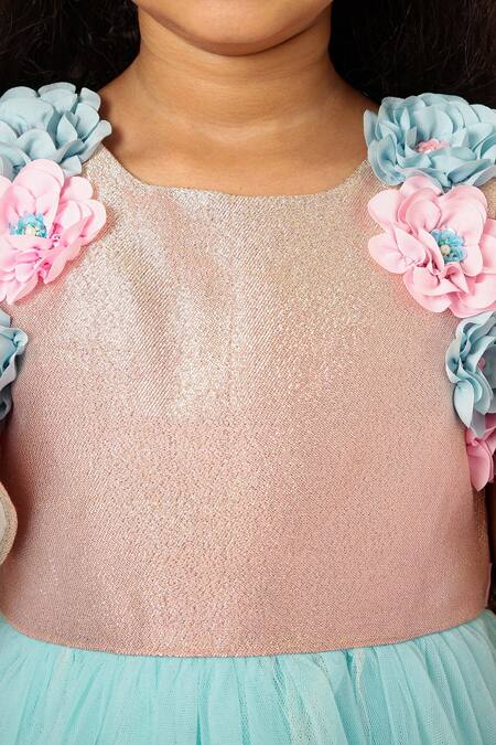 A Little Fable Blue Net, Polyester Fabric Flowers 3d Embroidered Shoulder Dress Online at Aza Fashions A Little Fable_Blue Net, Polyester Fabric Flowers 3d Embroidered Shoulder Dress _Online_at_Aza_Fashions