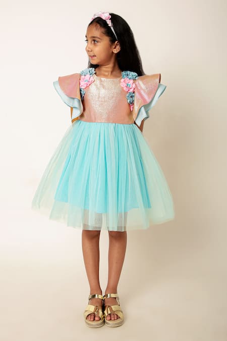 Shop A Little Fable Blue Net, Polyester Fabric Flowers 3d Embroidered Shoulder Dress Online at Aza Fashions Shop_A Little Fable_Blue Net, Polyester Fabric Flowers 3d Embroidered Shoulder Dress _Online_at_Aza_Fashions