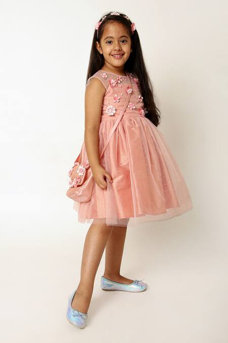 A Little Fable Peach Polyester, Cotton Embroidery, Sequins 3d Bloom Embellished Dress Online at Aza Fashions A Little Fable_Peach Polyester, Cotton Embroidery, Sequins 3d Bloom Embellished Dress _Online_at_Aza_Fashions