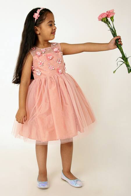 Buy A Little Fable Peach Polyester, Cotton Embroidery, Sequins 3d Bloom Embellished Dress Online at Aza Fashions Buy_A Little Fable_Peach Polyester, Cotton Embroidery, Sequins 3d Bloom Embellished Dress _Online_at_Aza_Fashions