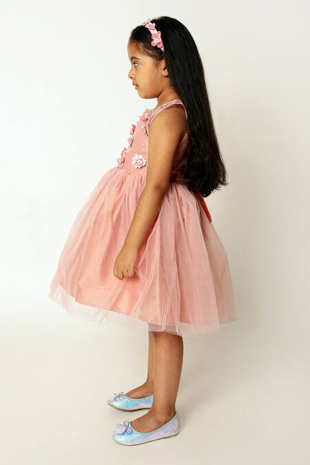 Shop A Little Fable Peach Polyester, Cotton Embroidery, Sequins 3d Bloom Embellished Dress Online at Aza Fashions Shop_A Little Fable_Peach Polyester, Cotton Embroidery, Sequins 3d Bloom Embellished Dress _Online_at_Aza_Fashions