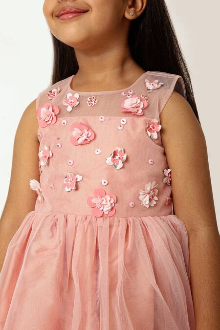 A Little Fable Peach Polyester, Cotton Embroidery, Sequins 3d Bloom Embellished Dress at Aza Fashions A Little Fable_Peach Polyester, Cotton Embroidery, Sequins 3d Bloom Embellished Dress _at_Aza_Fashions