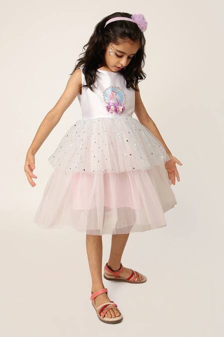 A Little Fable White Polyester, Cotton Sequins Paradise Unicorn Embellished Dress Online at Aza Fashions A Little Fable_White Polyester, Cotton Sequins Paradise Unicorn Embellished Dress _Online_at_Aza_Fashions