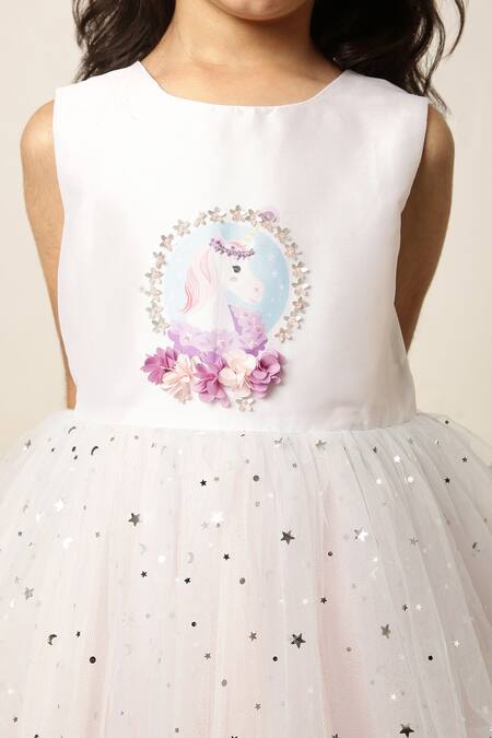 Shop A Little Fable White Polyester, Cotton Sequins Paradise Unicorn Embellished Dress Online at Aza Fashions Shop_A Little Fable_White Polyester, Cotton Sequins Paradise Unicorn Embellished Dress _Online_at_Aza_Fashions