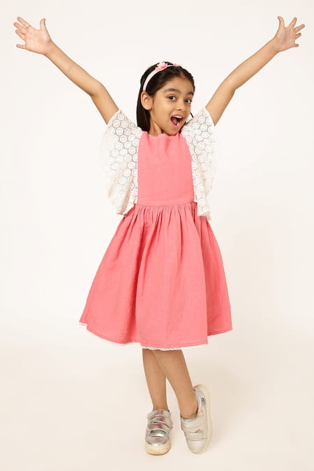 A Little Fable Pink Cotton Embroidery Lace Jolie Sleeves Dress 