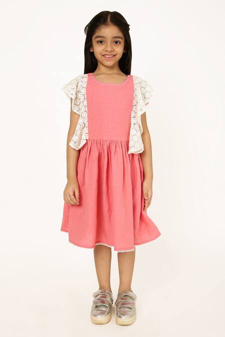 A Little Fable Pink Cotton Lace Jolie Embroidered Sleeves Dress Online at Aza Fashions A Little Fable_Pink Cotton Lace Jolie Embroidered Sleeves Dress _Online_at_Aza_Fashions