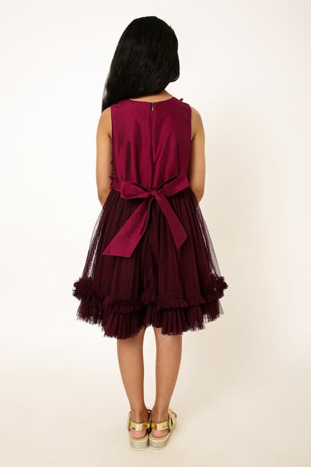 Shop_A Little Fable_Wine Polyester, Cotton Sequins, Fabric Flowers Glorious Petal Embellished Dress _at_Aza_Fashions