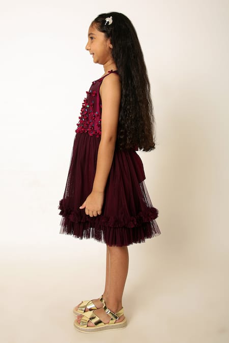 A Little Fable_Wine Polyester, Cotton Sequins, Fabric Flowers Glorious Petal Embellished Dress _Online_at_Aza_Fashions
