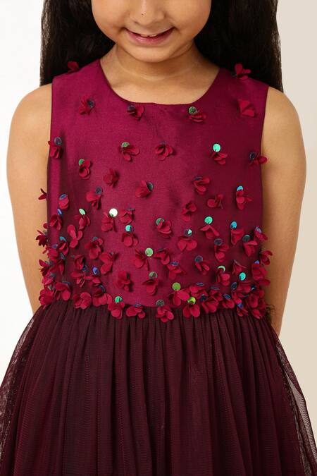 Buy_A Little Fable_Wine Polyester, Cotton Sequins, Fabric Flowers Glorious Petal Embellished Dress _Online_at_Aza_Fashions