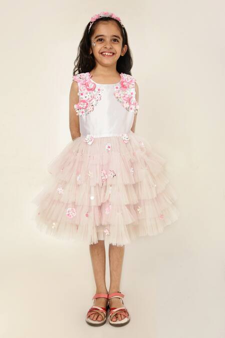 A Little Fable White Polyester, Cotton 3d Morning Glory Bloom Embellished Ruffled Tulle Dress Online at Aza Fashions A Little Fable_White Polyester, Cotton 3d Morning Glory Bloom Embellished Ruffled Tulle Dress _Online_at_Aza_Fashions