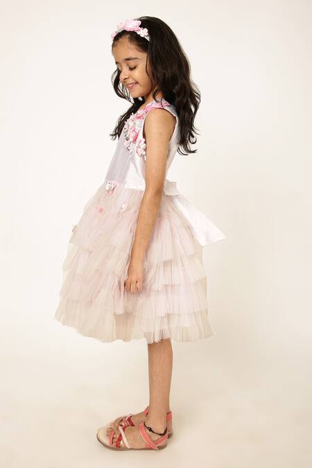 Shop A Little Fable White Polyester, Cotton 3d Morning Glory Bloom Embellished Ruffled Tulle Dress Online at Aza Fashions Shop_A Little Fable_White Polyester, Cotton 3d Morning Glory Bloom Embellished Ruffled Tulle Dress _Online_at_Aza_Fashions