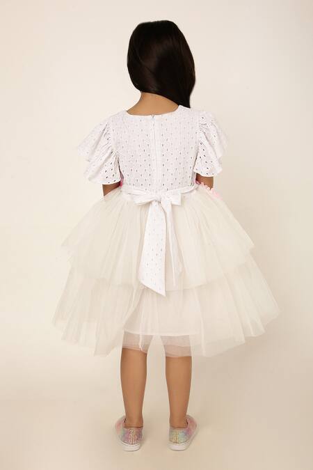 Shop A Little Fable White Cotton, Tulle Fabric Flowers 3d Petunia Bloom Lace Embroidered Dress at Aza Fashions Shop_A Little Fable_White Cotton, Tulle Fabric Flowers 3d Petunia Bloom Lace Embroidered Dress _at_Aza_Fashions