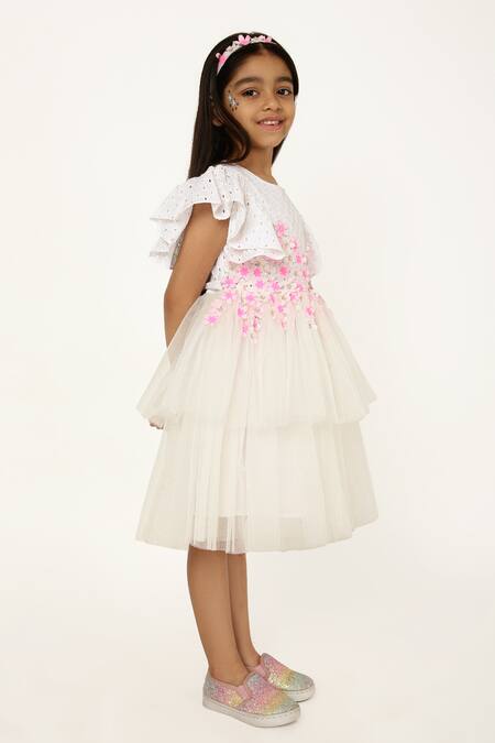 A Little Fable White Cotton, Tulle Fabric Flowers 3d Petunia Bloom Lace Embroidered Dress Online at Aza Fashions A Little Fable_White Cotton, Tulle Fabric Flowers 3d Petunia Bloom Lace Embroidered Dress _Online_at_Aza_Fashions