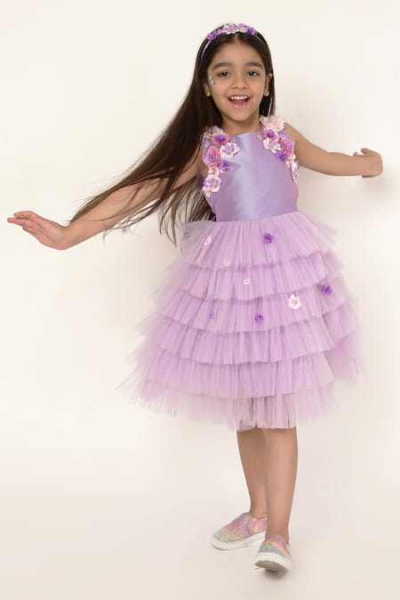 A Little Fable Purple 100% Polyester Lining 100% Cotton Embellished Ruffled Tulle Dress 