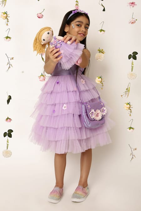 A Little Fable_Purple Polyester, Cotton Periwinkle Bloom Embellished Ruffled Tulle Dress _Online_at_Aza_Fashions