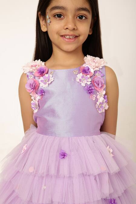 Shop_A Little Fable_Purple Polyester, Cotton Periwinkle Bloom Embellished Ruffled Tulle Dress _Online_at_Aza_Fashions