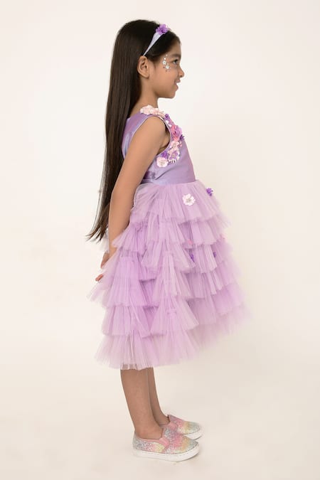 A Little Fable_Purple Polyester, Cotton Periwinkle Bloom Embellished Ruffled Tulle Dress _at_Aza_Fashions