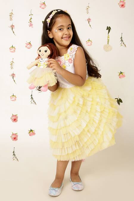A Little Fable Yellow Polyester, Cotton Buttercup Bloom Embroidered Ruffle Tiered Dress Online at Aza Fashions A Little Fable_Yellow Polyester, Cotton Buttercup Bloom Embroidered Ruffle Tiered Dress _Online_at_Aza_Fashions