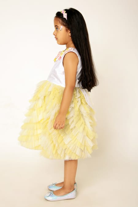 Shop A Little Fable Yellow Polyester, Cotton Buttercup Bloom Embroidered Ruffle Tiered Dress Online at Aza Fashions Shop_A Little Fable_Yellow Polyester, Cotton Buttercup Bloom Embroidered Ruffle Tiered Dress _Online_at_Aza_Fashions
