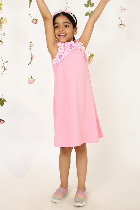 A Little Fable Pink 100% Polyester Lining 100% Cotton Bloom Embellished A Line Dress 