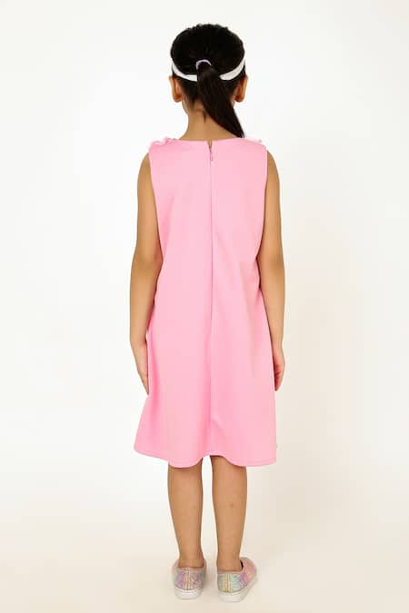 Shop_A Little Fable_Pink Polyester, Cotton Fabric Flowers, 3d Peony Bloom Embellished A Line Dress _at_Aza_Fashions