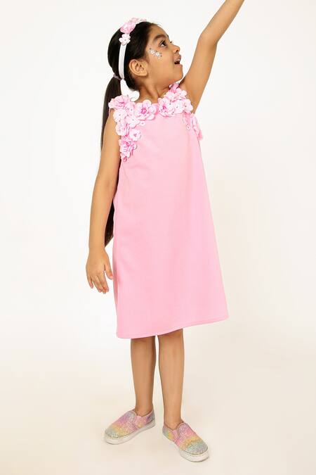 Shop A Little Fable Pink Polyester, Cotton Fabric Flowers, 3d Peony Bloom Embellished A Line Dress Online at Aza Fashions Shop_A Little Fable_Pink Polyester, Cotton Fabric Flowers, 3d Peony Bloom Embellished A Line Dress _Online_at_Aza_Fashions