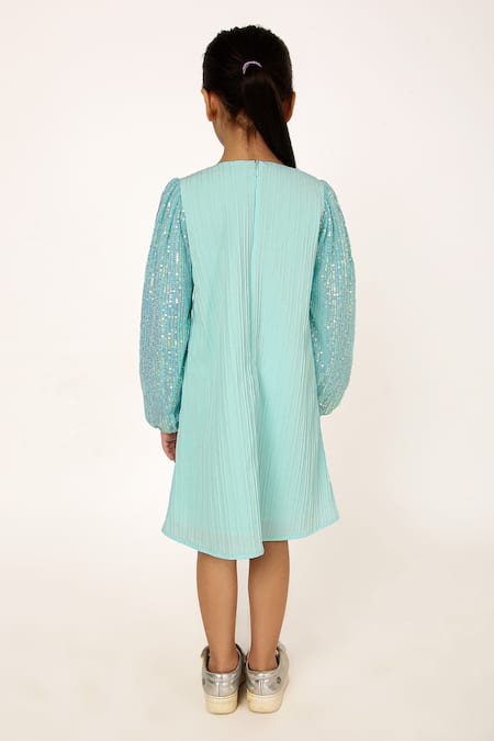 Shop A Little Fable Blue Polyester, Cotton Sequins Embellished Sleeves Pleated Dress at Aza Fashions Shop_A Little Fable_Blue Polyester, Cotton Sequins Embellished Sleeves Pleated Dress _at_Aza_Fashions