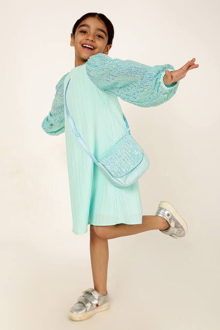 A Little Fable Blue Polyester, Cotton Sequins Embellished Sleeves Pleated Dress Online at Aza Fashions A Little Fable_Blue Polyester, Cotton Sequins Embellished Sleeves Pleated Dress _Online_at_Aza_Fashions