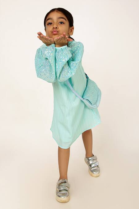Buy A Little Fable Blue Polyester, Cotton Sequins Embellished Sleeves Pleated Dress Online at Aza Fashions Buy_A Little Fable_Blue Polyester, Cotton Sequins Embellished Sleeves Pleated Dress _Online_at_Aza_Fashions