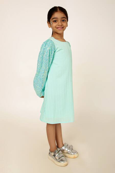 Shop A Little Fable Blue Polyester, Cotton Sequins Embellished Sleeves Pleated Dress Online at Aza Fashions Shop_A Little Fable_Blue Polyester, Cotton Sequins Embellished Sleeves Pleated Dress _Online_at_Aza_Fashions