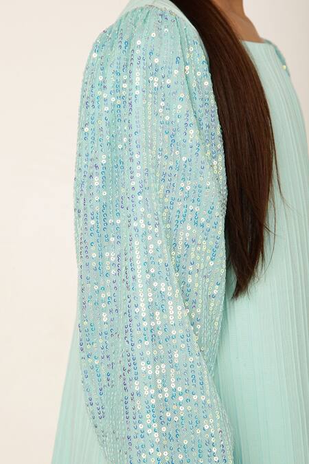 A Little Fable Blue Polyester, Cotton Sequins Embellished Sleeves Pleated Dress at Aza Fashions A Little Fable_Blue Polyester, Cotton Sequins Embellished Sleeves Pleated Dress _at_Aza_Fashions