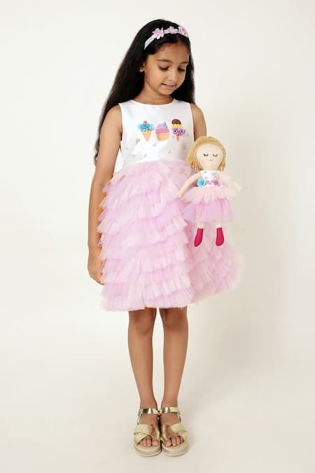 A Little Fable Ice Cream Print & Embellished Ruffled Tulle Dress 