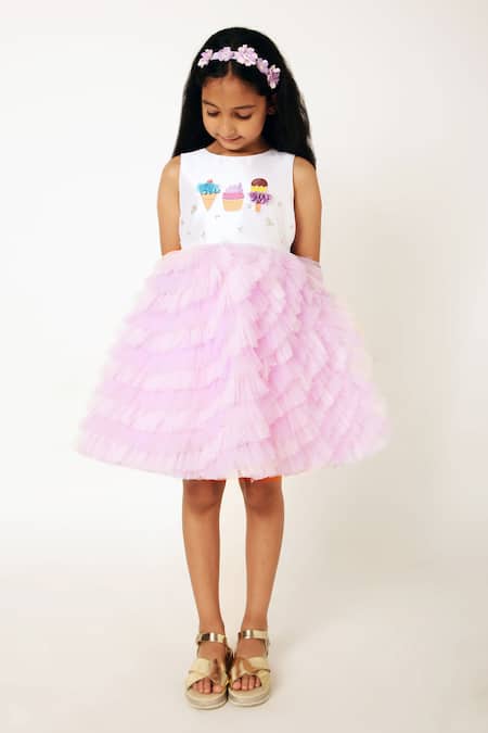 A Little Fable White Polyester, Cotton Sequins, Ruffled Tulle Dress With Ice Cream Print Online at Aza Fashions A Little Fable_White Polyester, Cotton Sequins, Ruffled Tulle Dress With Ice Cream Print _Online_at_Aza_Fashions