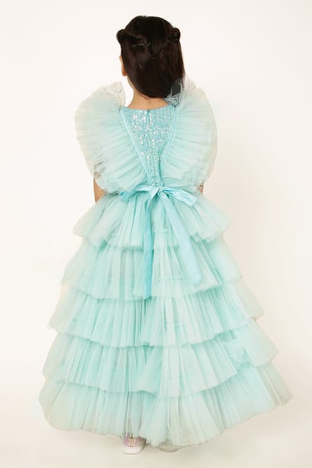 Shop_A Little Fable_Blue Net, Polyester Sequins Embellished Ruffle Tiered Gown _at_Aza_Fashions