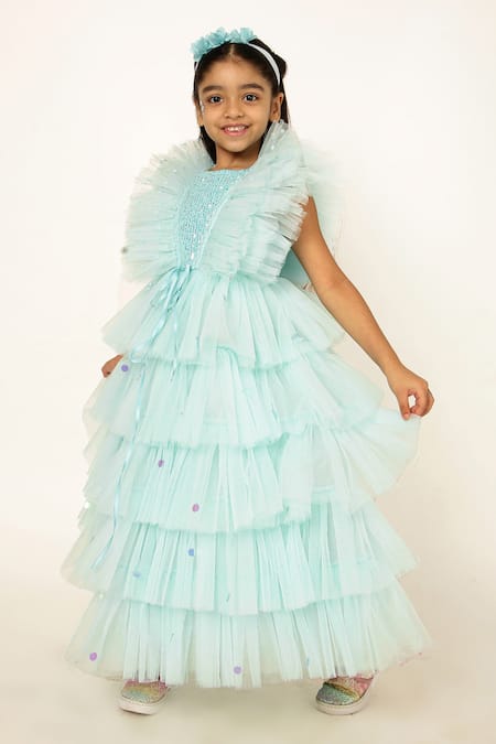 A Little Fable_Blue Net, Polyester Sequins Embellished Ruffle Tiered Gown _Online_at_Aza_Fashions
