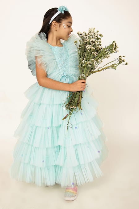 Buy_A Little Fable_Blue Net, Polyester Sequins Embellished Ruffle Tiered Gown _Online_at_Aza_Fashions