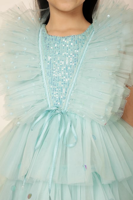 Shop_A Little Fable_Blue Net, Polyester Sequins Embellished Ruffle Tiered Gown _Online_at_Aza_Fashions