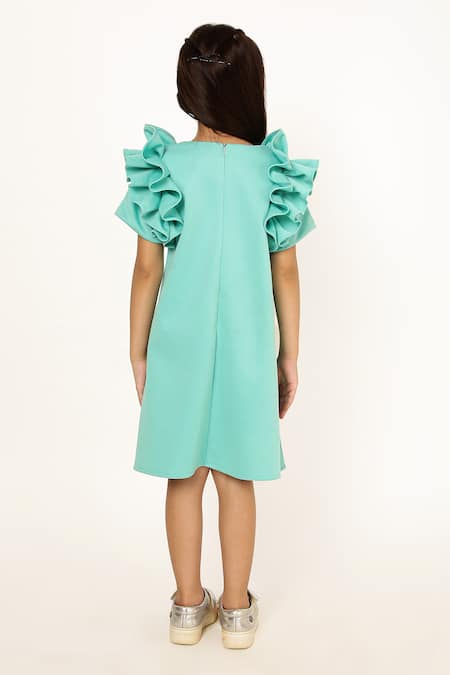 Shop A Little Fable Blue Polyester, Cotton Shoulder Ruffle A Line Wildflower Dress at Aza Fashions Shop_A Little Fable_Blue Polyester, Cotton Shoulder Ruffle A Line Wildflower Dress _at_Aza_Fashions