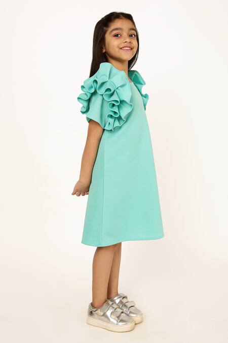 A Little Fable Blue Polyester, Cotton Shoulder Ruffle A Line Wildflower Dress Online at Aza Fashions A Little Fable_Blue Polyester, Cotton Shoulder Ruffle A Line Wildflower Dress _Online_at_Aza_Fashions